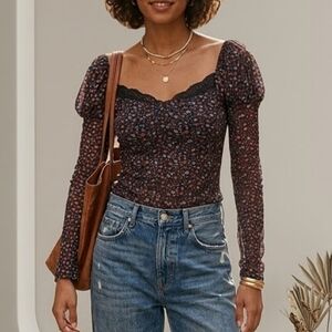 NEW Anthropologie Maeve Mutton-Sleeve Scoop-Neck Ditsy Floral Top Size Medium